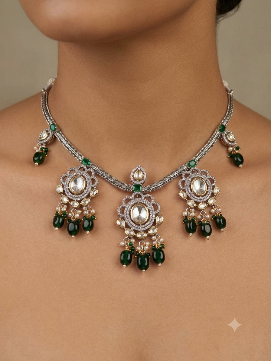 Victorian Kundan Green Beaded Necklace Set