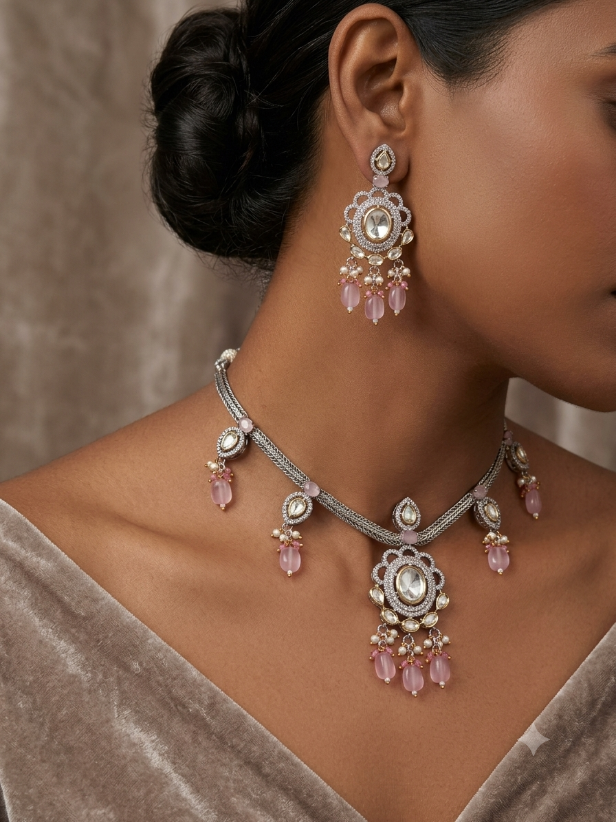 Victorian Kundan Pink Beaded Necklace Set