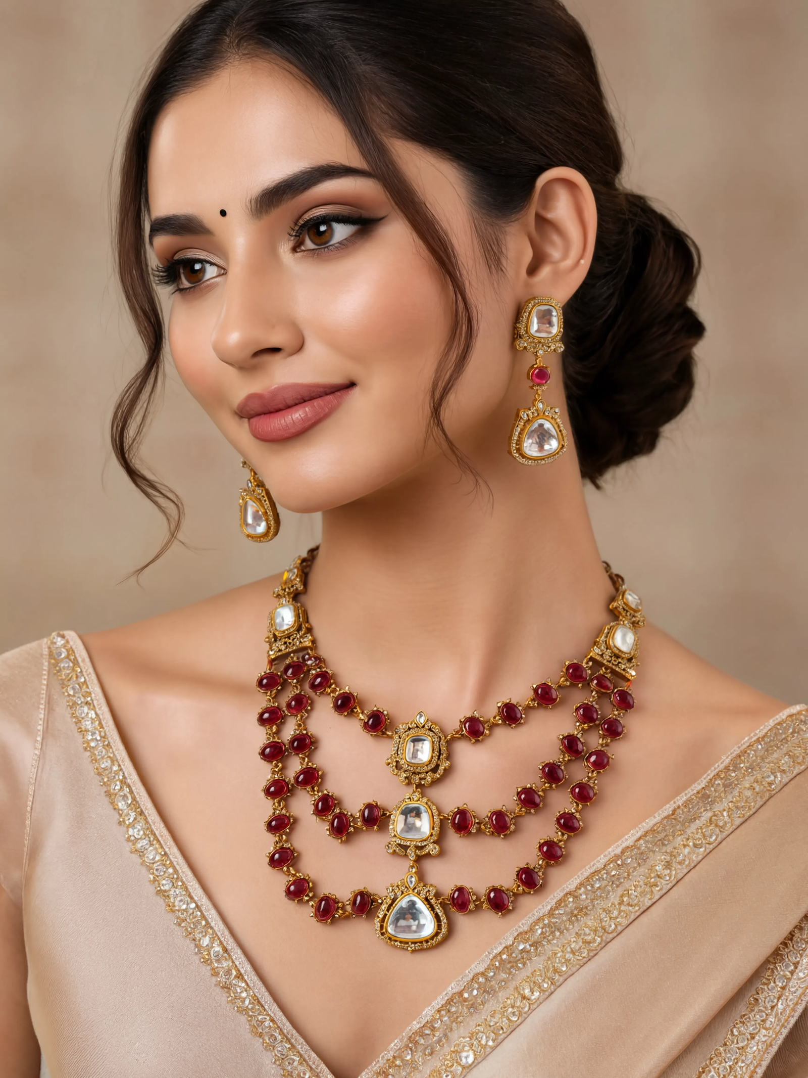 Kundan Ruby Red Multi-Layer Bridal Necklace Set
