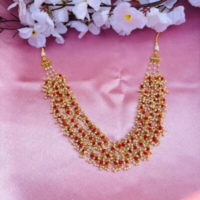 Multi-Layer Pearl & Red Beaded Cluster Necklace