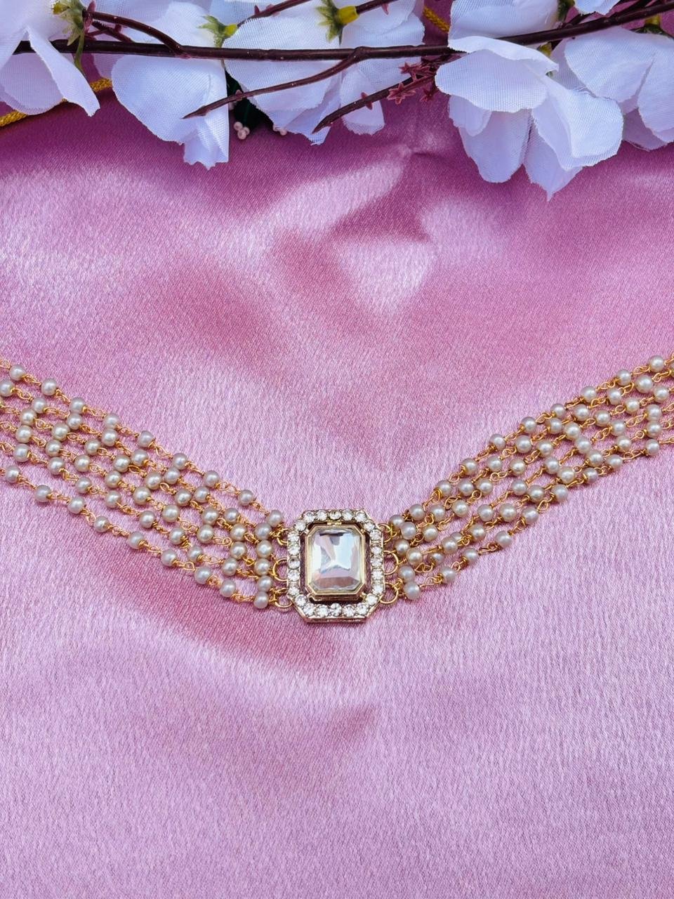 Multi-Layer Pearl Choker Necklace with Kundan Stone Pendant - Image 3