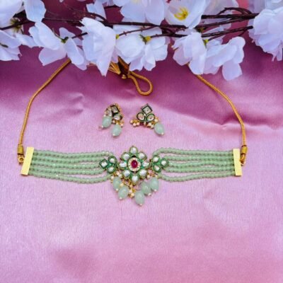 Multi-Layer Green Beaded Choker Necklace Set