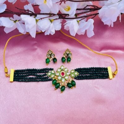 Multi-Layer Green Beaded Choker Necklace Set