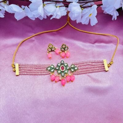 Multi-Layer Pink Beaded Choker Necklace Set