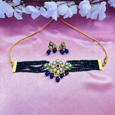 Multi-Layer Blue Beaded Choker Necklace Set