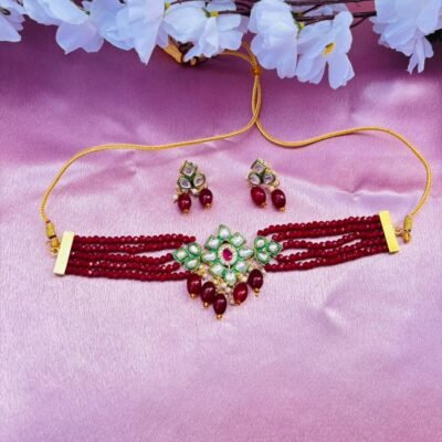 Multi-Layer Maroon Beaded Choker Necklace Set