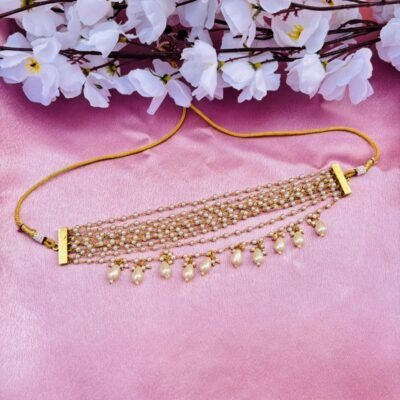 Multi-Layer Pearl Beaded Choker Necklace with Drop Pearl Tassels