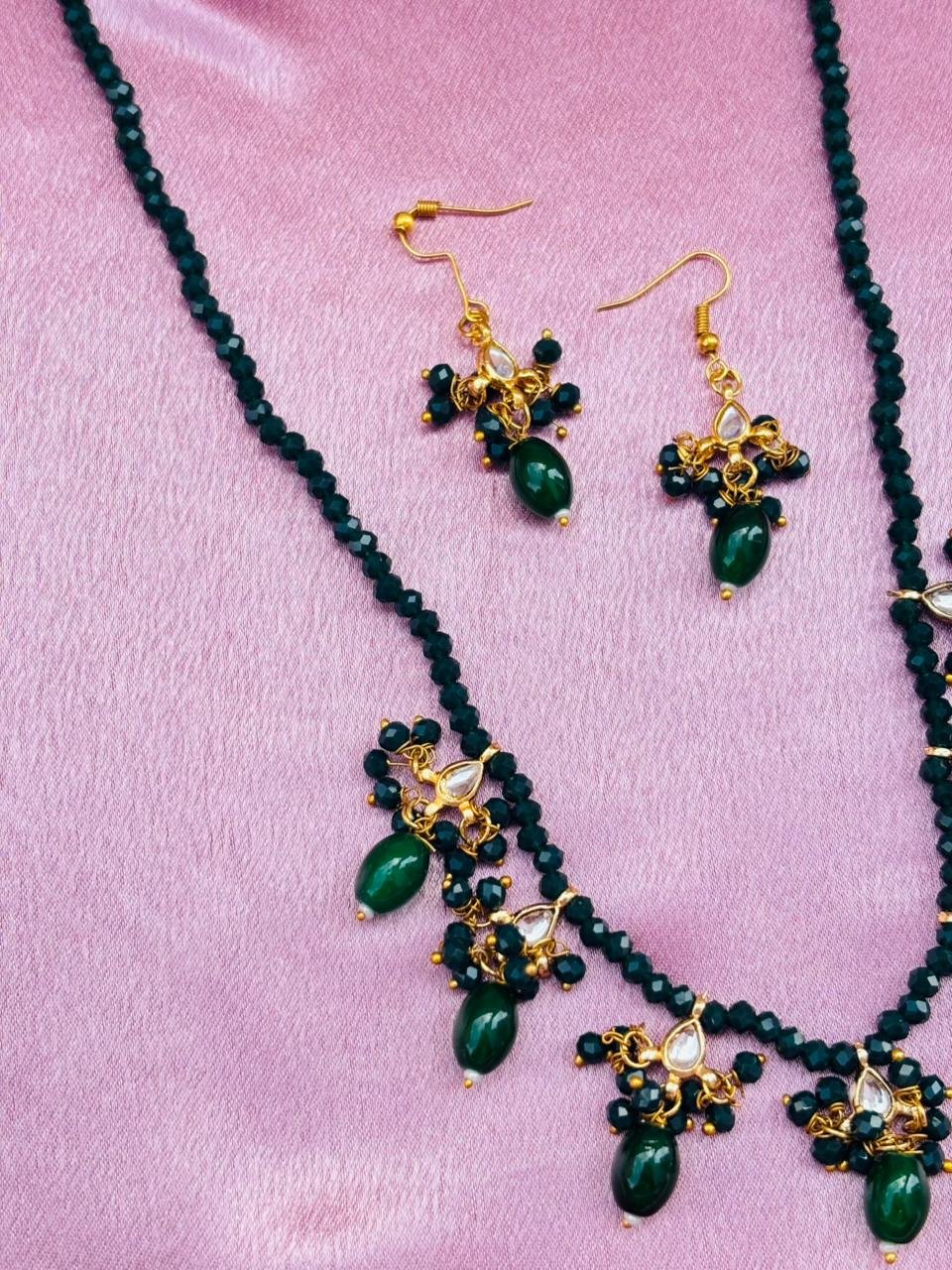 Green Beaded Necklace Set with Drops Earrings - Image 3