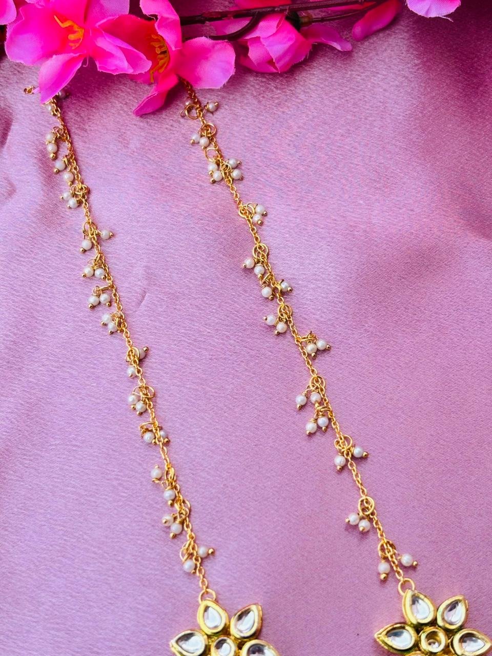 Kundan Floral Sui Dhaga Ear Chain with Peach Pearl Drops – Gold Plated Traditional Kaan Chain Jhumar - Image 4