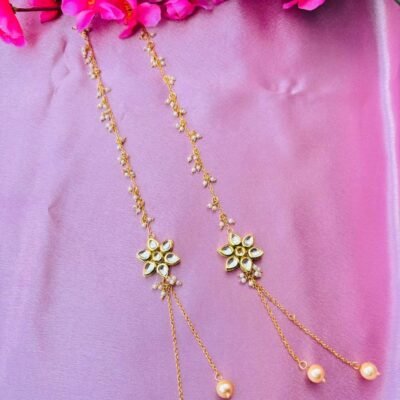 Kundan Floral Sui Dhaga Ear Chain with Peach Pearl Drops – Gold Plated Traditional Kaan Chain Jhumar