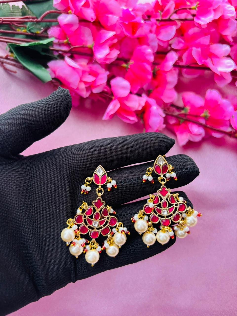 Ruby-Toned Kundan and Pearl Drop Earrings