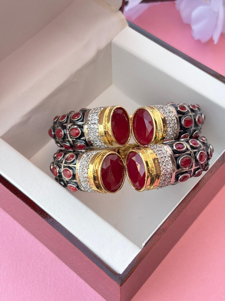 White Rhodium Plated Ruby Synthetic Stone Openable Kada (Pack Of 1) - Image 2
