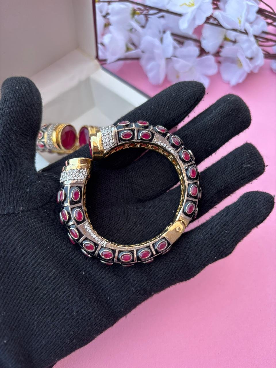 White Rhodium Plated Ruby Synthetic Stone Openable Kada (Pack Of 1) - Image 3