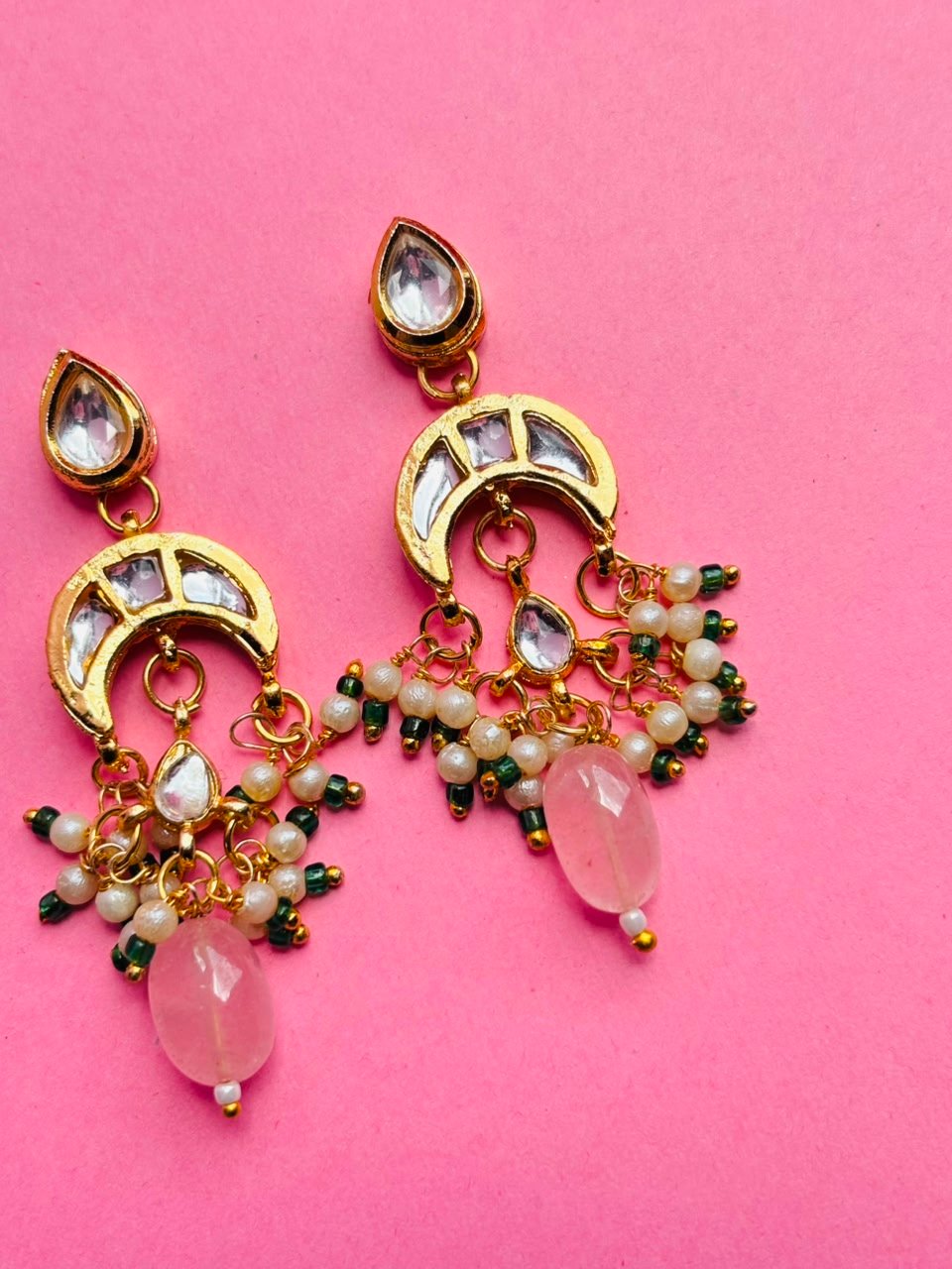 Moon Kundan Earrings with Pink Quartz & Pearl Accents - Image 3