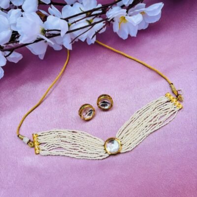 Multi-Layer Pearl Beads Kundan Choker Necklace Set with Earrings