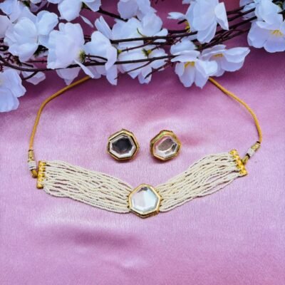 Multi-Layer Pearl Beads Kundan Choker Necklace Set with Earrings