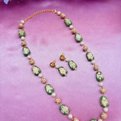 Green Meenakari Beads Necklace Set with Matching Earrings