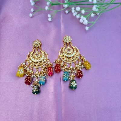 Handcrafted Multicolor Meenakari & Kundan Chandbali Earrings