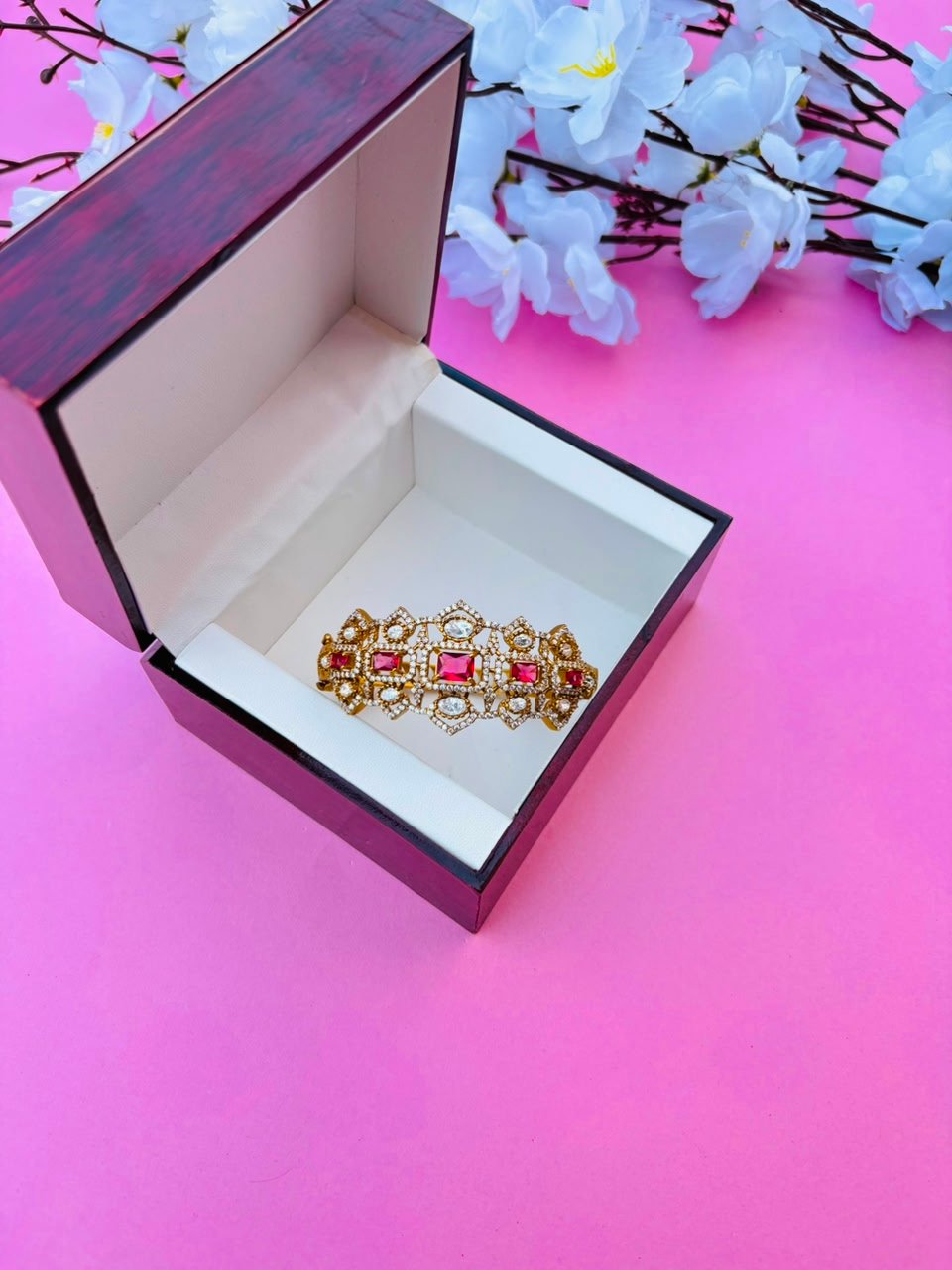 Ruby & CZ Embellished Victorian Hinged Openable Bracelet (Pack Of 1)