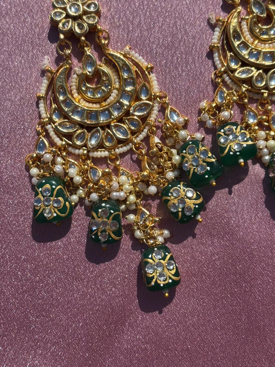 Handcrafted Green Meenakari & Kundan Chandbali Earrings - Image 2