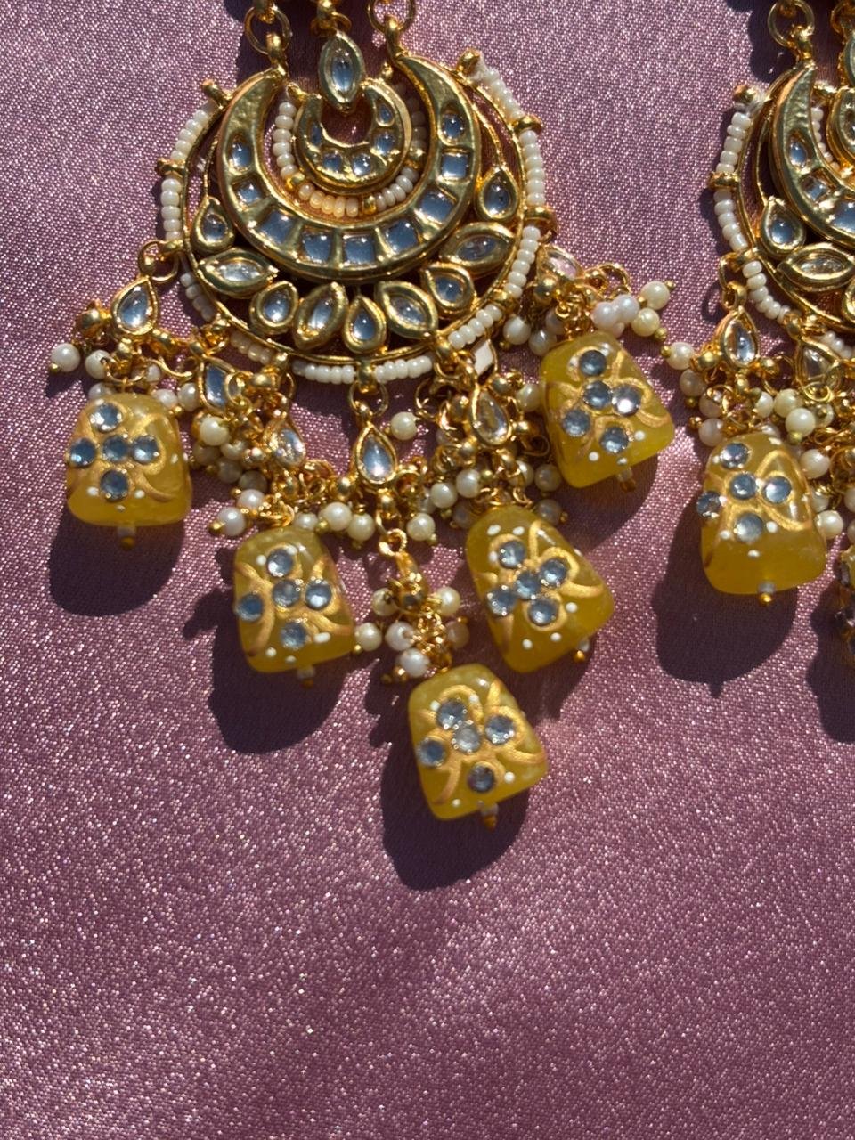 Handcrafted Yellow Meenakari & Kundan Chandbali Earrings - Image 2