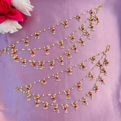 The Naaz: Elegant Red & White Pearl Layered Ear Sahara