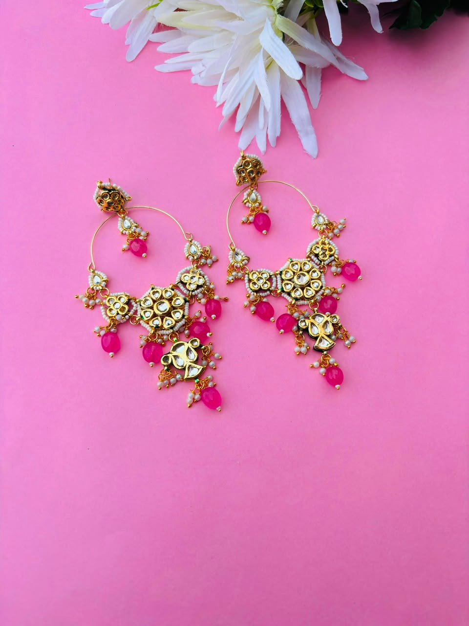 Traditional Kundan & Pearl Chandbali Statement Earrings - Image 2