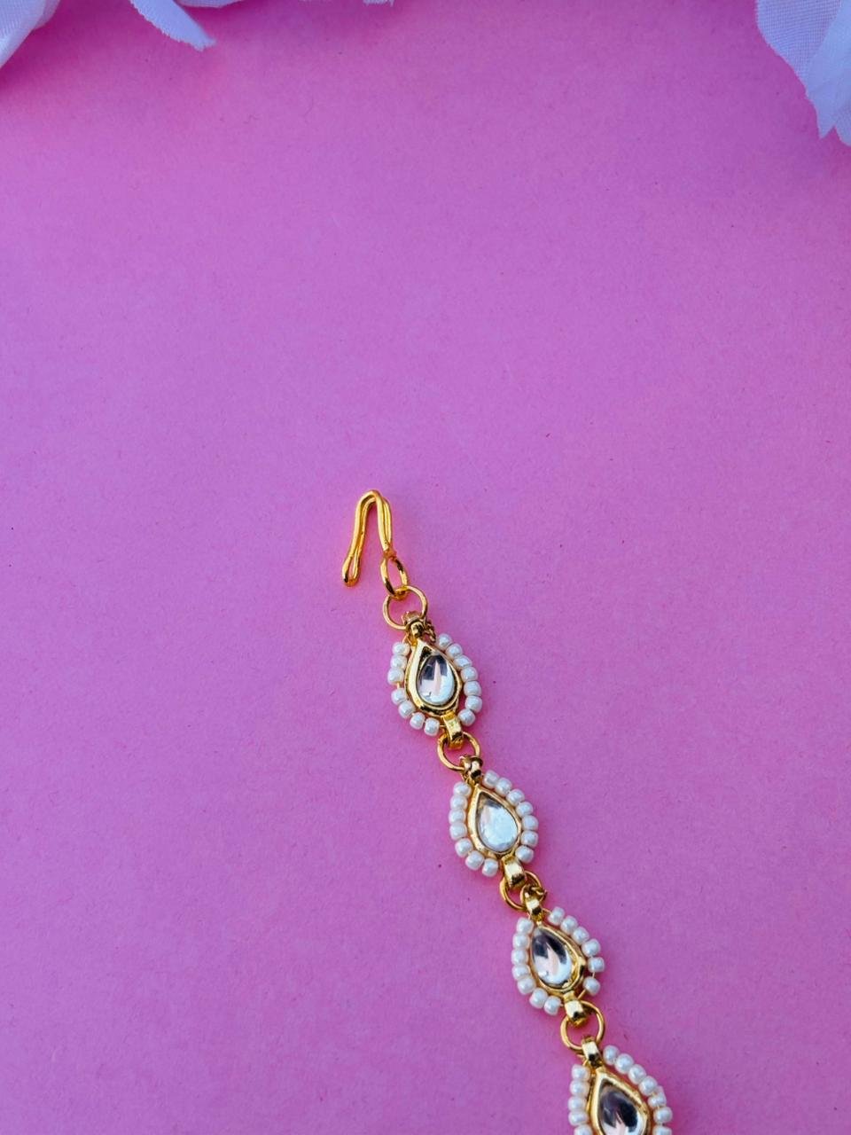 Gold Plated Kundan With White Pearl Maangtika - Image 6