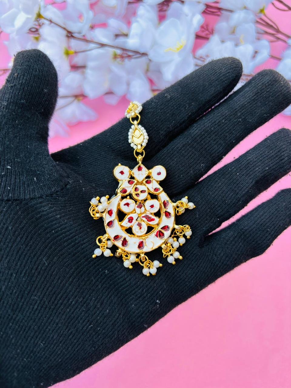 Gold Plated Kundan With White Pearl Maangtika - Image 6