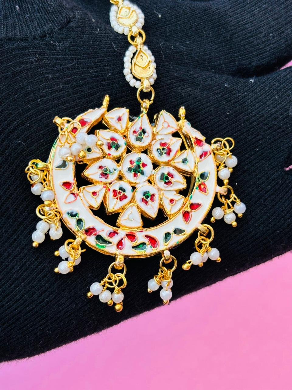 Gold Plated Kundan With White Pearl Maangtika - Image 5