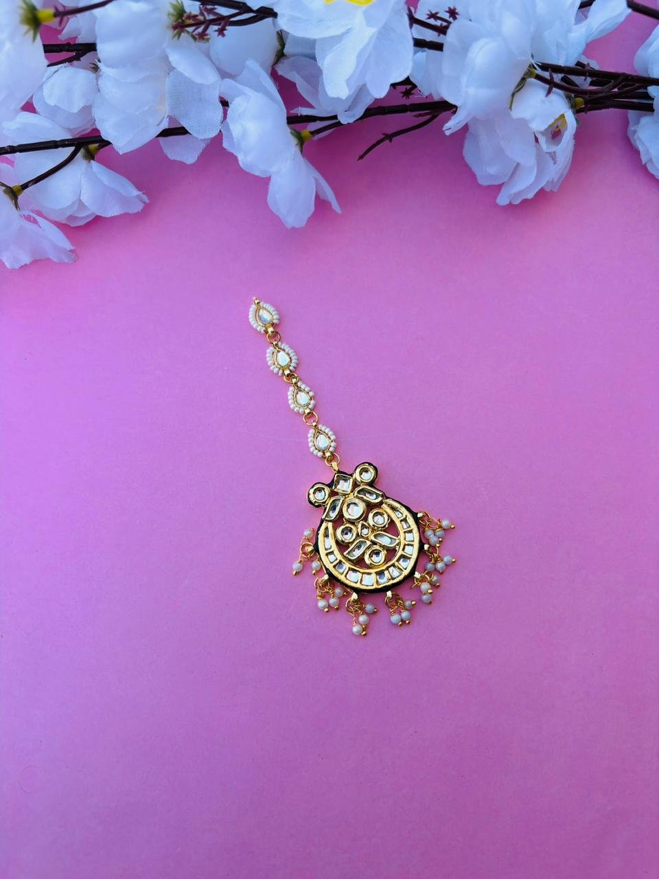 Gold Plated Kundan With White Pearl Maangtika - Image 2