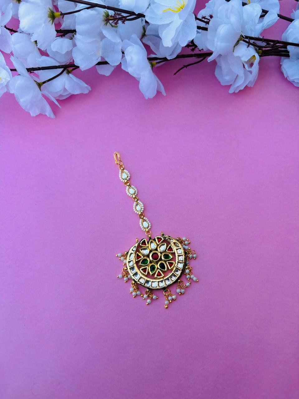 Gold Plated Kundan With White Pearl Maangtika - Image 2