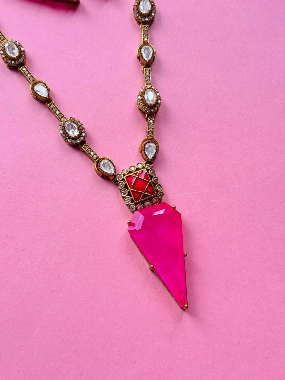 Hot Pink Pendant Necklace Set Antique Gold Polki Jewelry with Earrings - Image 3