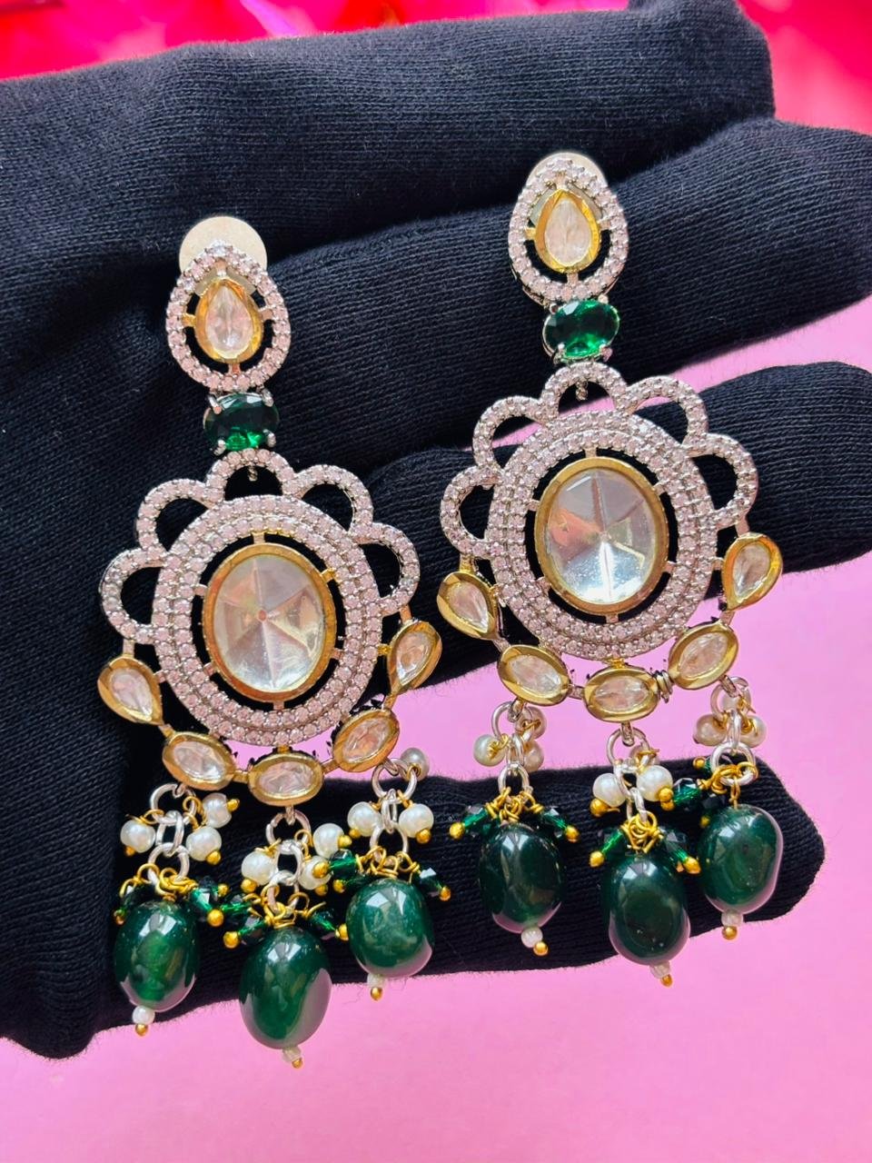 Victorian Kundan Green Beaded Necklace Set - Image 6
