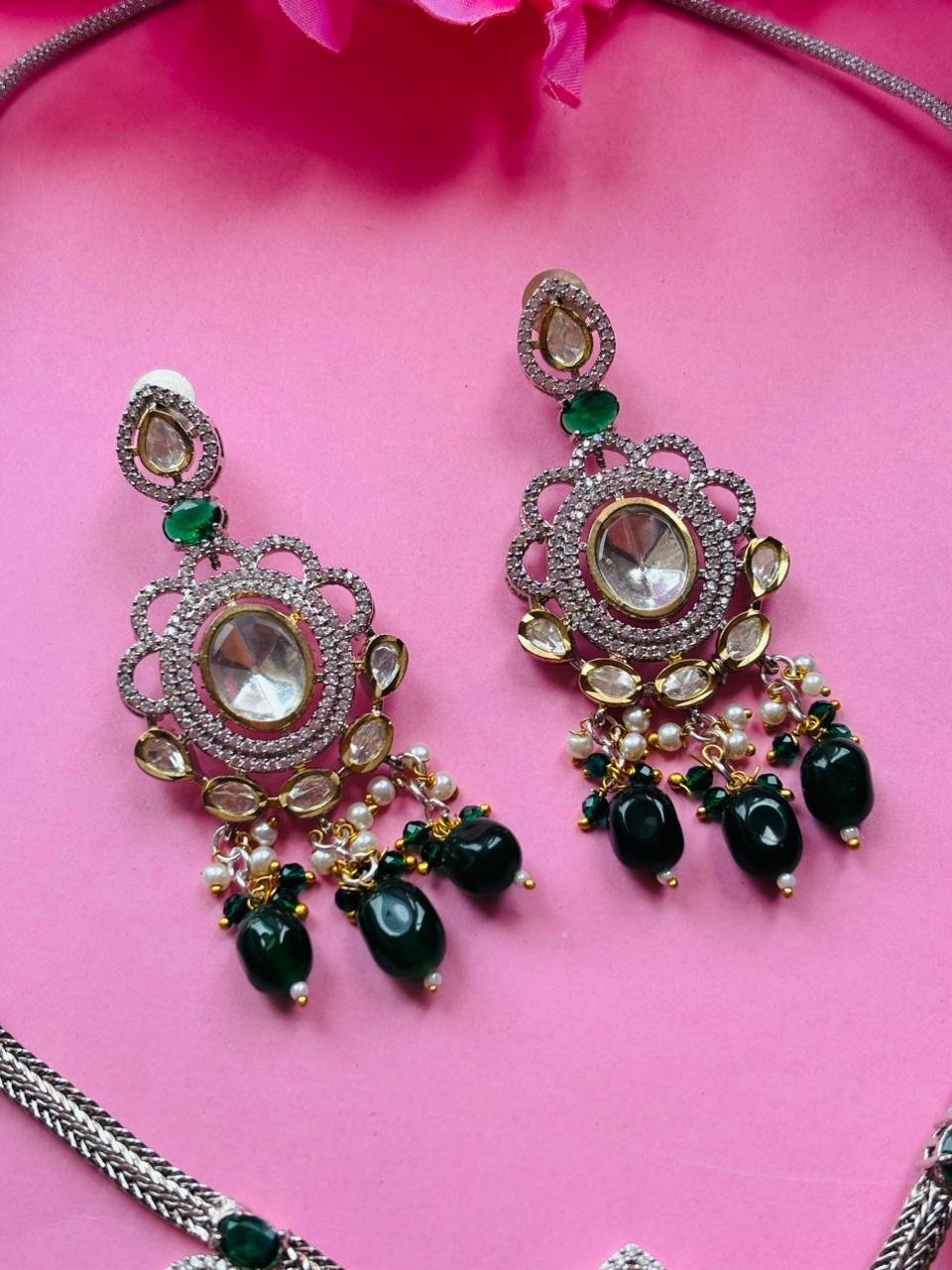 Victorian Kundan Green Beaded Necklace Set - Image 7