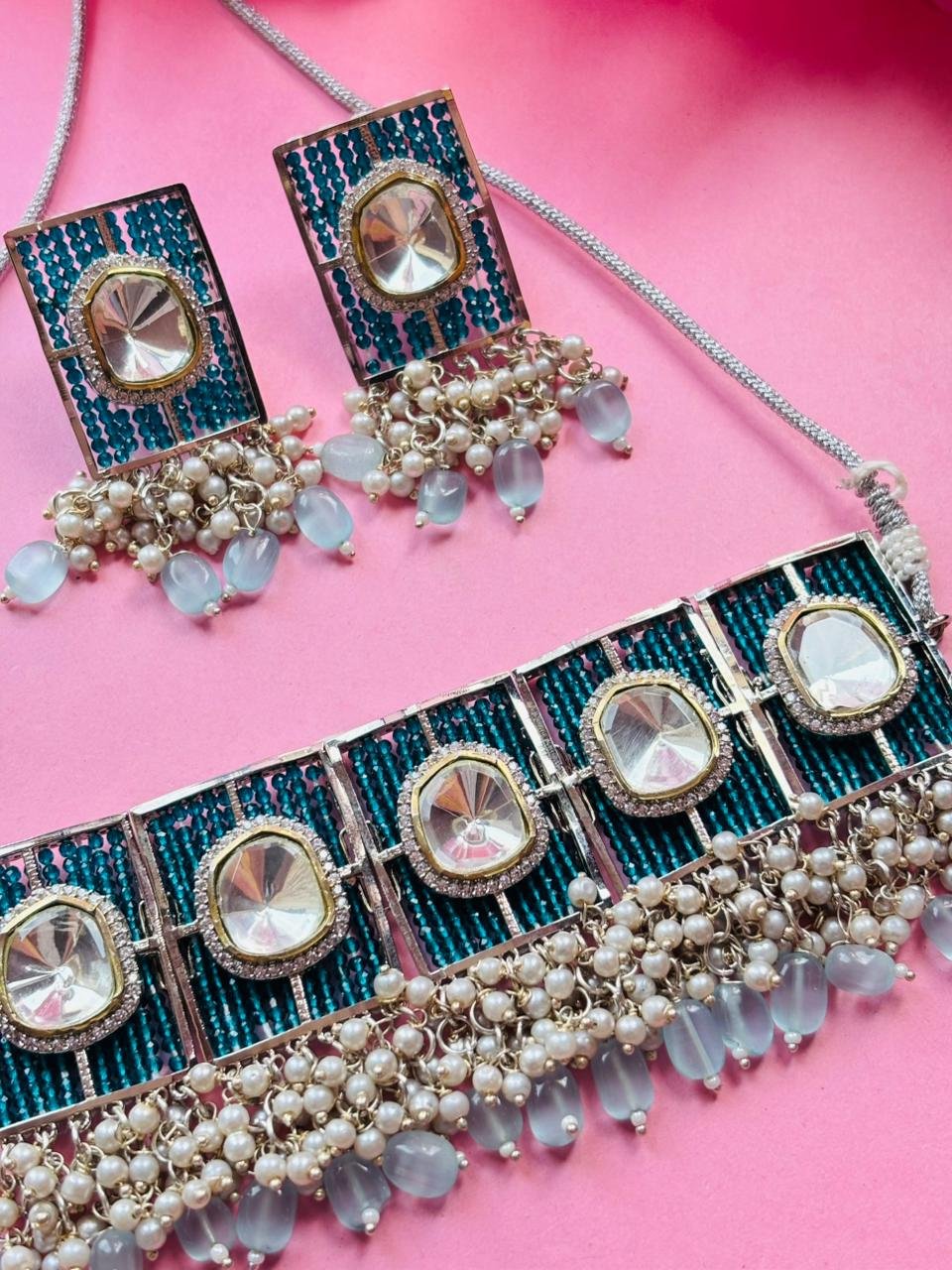 Polki Blue Beaded Choker Necklace Set - Image 3