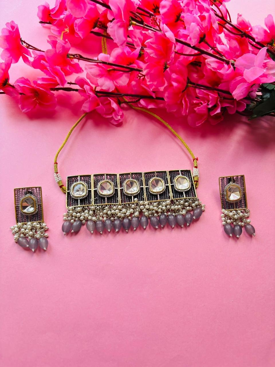 Polki Grey Beaded Choker Necklace Set - Image 2