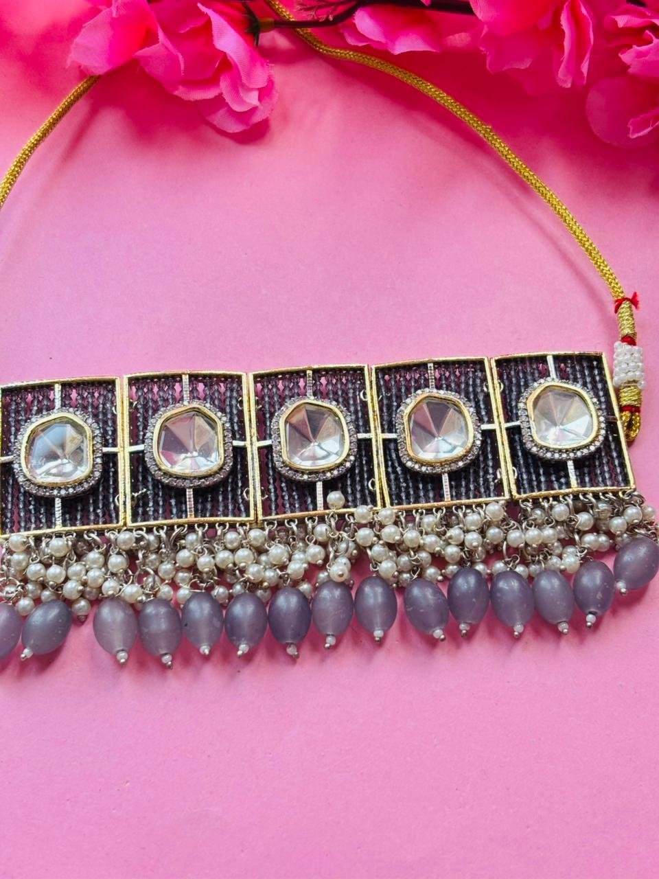 Polki Grey Beaded Choker Necklace Set - Image 3