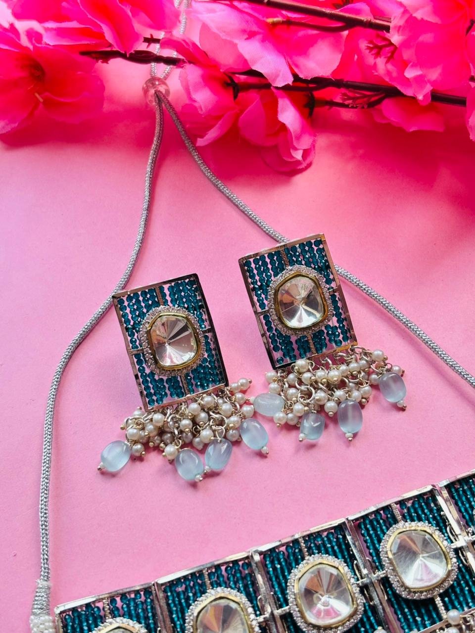 Polki Blue Beaded Choker Necklace Set - Image 4