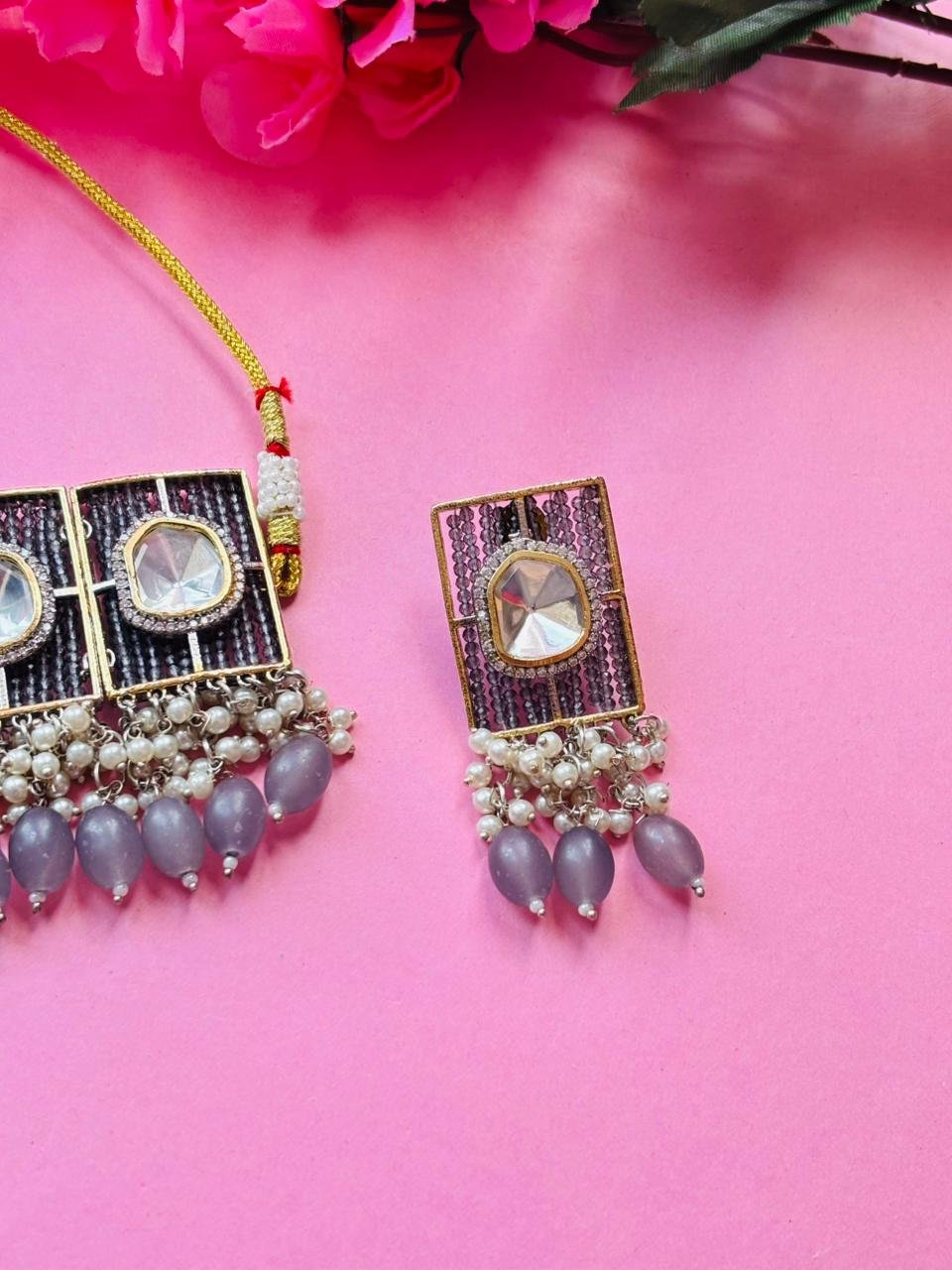 Polki Grey Beaded Choker Necklace Set - Image 4