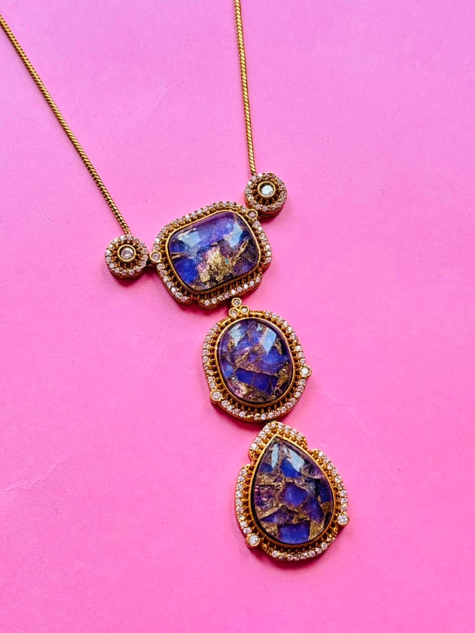 Gold Finish Blue Kundan Polki Chain Pendant Necklace Set - Image 3