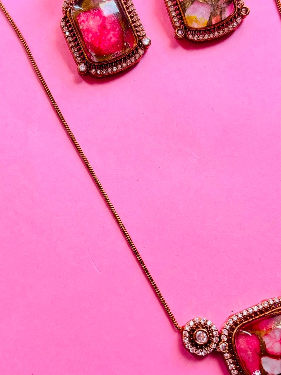 Gold Finish Hot Pink Kundan Polki Chain Pendant Necklace Set - Image 7