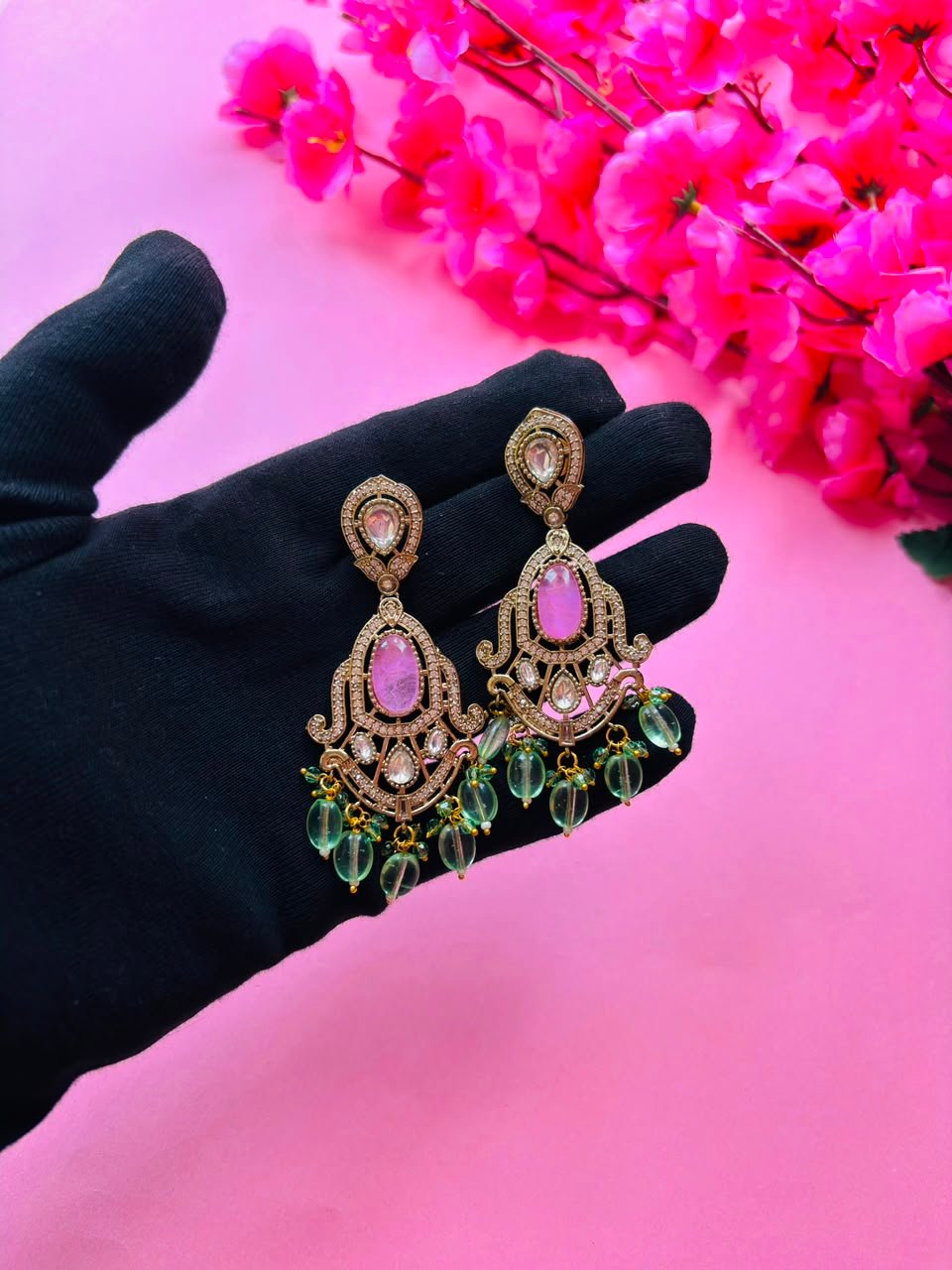 Victorian Necklace Set Antique Silver Pink Stone Bridal Jewelry with Earrings - Image 6