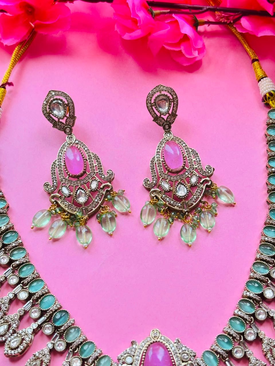Victorian Necklace Set Antique Silver Pink Stone Bridal Jewelry with Earrings - Image 5