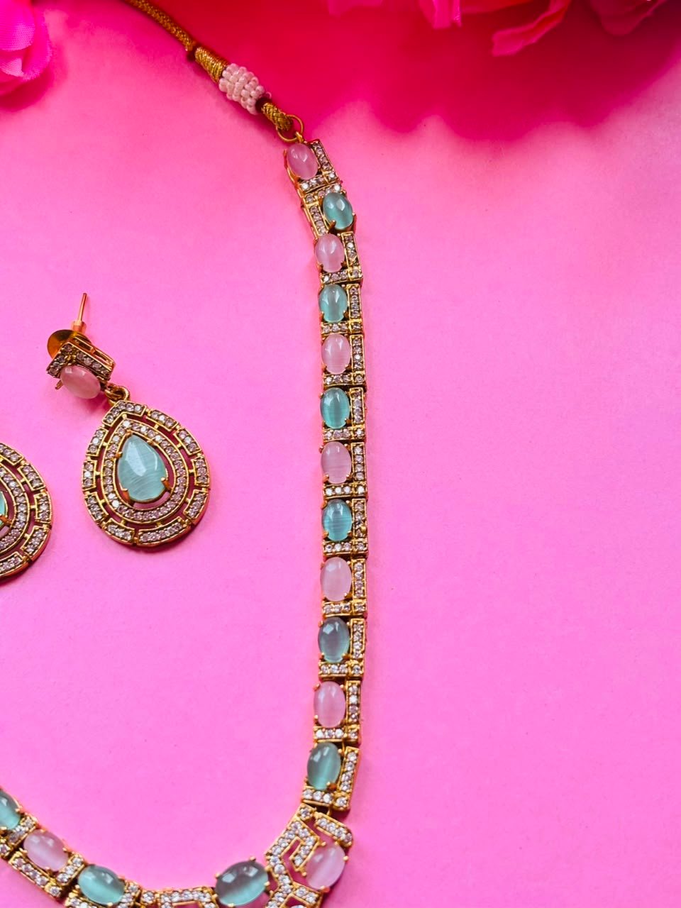 Teardrop Necklace Set Antique Gold Pink Stone Bridal Jewelry with Earrings - Image 4