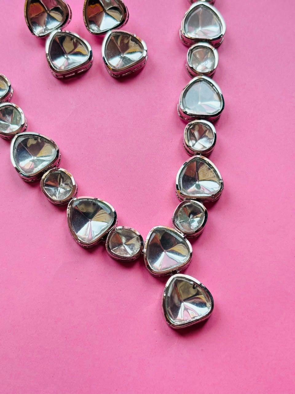 Silver Crystal Pebble Necklace Set Statement Mirror Stone Jewelry with Earrings - Image 2