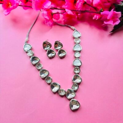 Silver Crystal Pebble Necklace Set Statement Mirror Stone Jewelry with Earrings