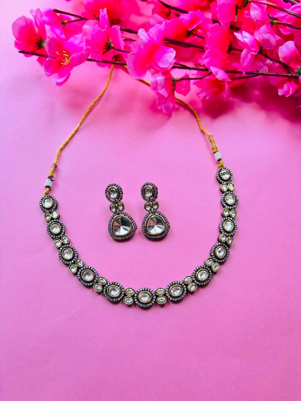 Victorian Polki Necklace Set Antique Silver Kundan Bridal Jewelry with Earrings - Image 2