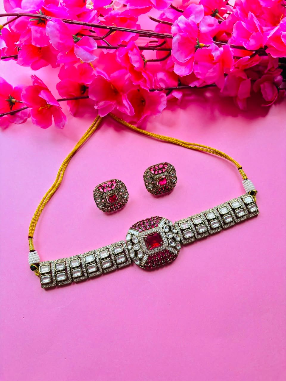 Victorian Ruby Choker Set Antique Silver Pink Stone Bridal Jewelry with Earrings - Image 2