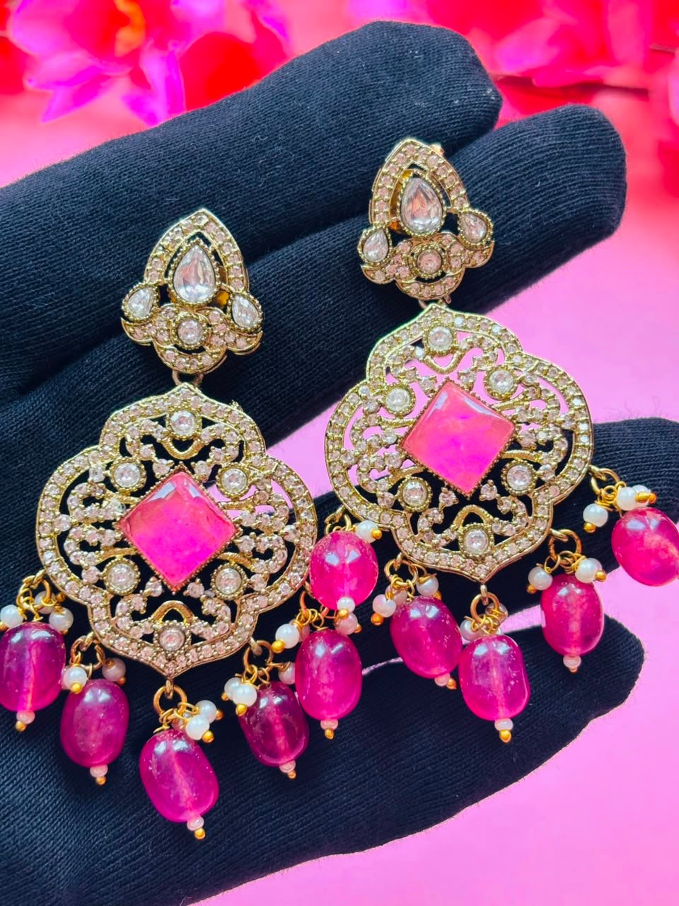 Victorian Hot Pink Long Haar Set Antique Gold Pink Bead Bridal Jewelry with Earrings - Image 7